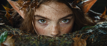 Close-up of a young woman with elf ears and freckles.の素材