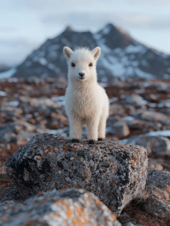 A cute baby mountain goat standing on a rock in the mountains.の素材