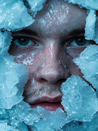 Close-up portrait of a man's face framed by ice.の素材