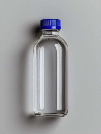 A clear water bottle with a blue cap.の素材