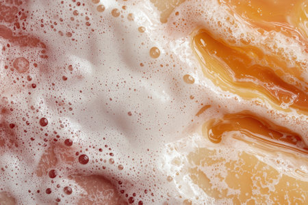 Close-up of a bubbly, foamy liquid with an orange swirl.の素材