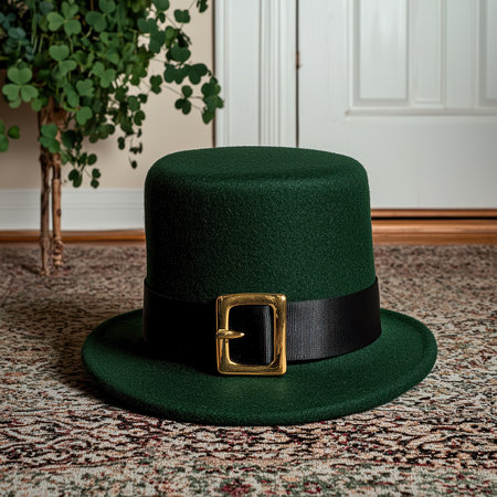 A green leprechaun hat with a gold buckle on a patterned rug.の素材