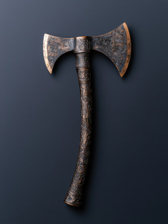 Ornate battle axe with detailed carvings on a dark background.の素材
