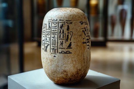 Ancient Egyptian canopic jar with hieroglyphs.の素材
