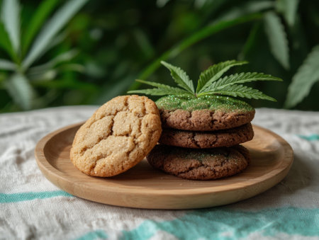 A plate of cannabis infused cookies with a marijuana leaf.の素材
