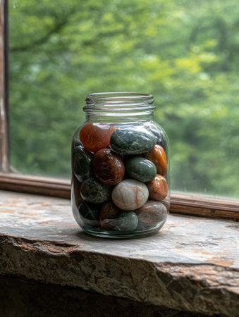 A jar full of colorful polished rocks sits on a windowsill.の素材