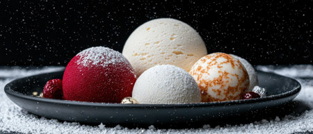 Elegant dessert spheres on a black plate with snow effect.の素材