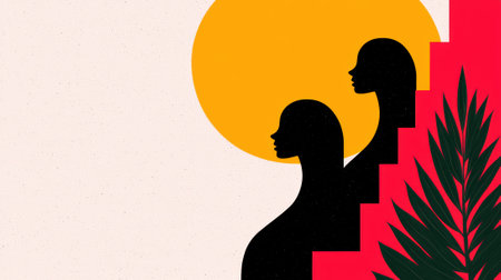 Abstract illustration of two female silhouettes against a sun and plant.の素材