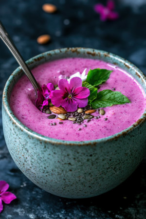 A vibrant purple smoothie bowl topped with edible flowers and seeds.の素材