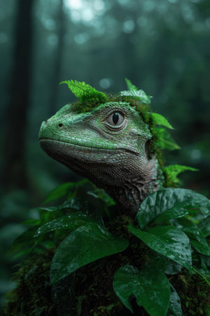 A green lizard with leaves on its head in a lush forest.の素材