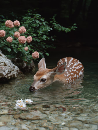 A young deer drinks from a clear stream in the forest.の素材