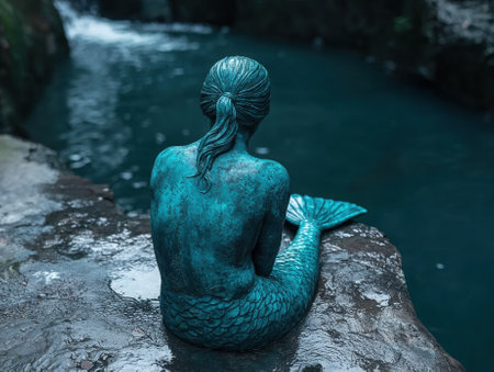 A bronze mermaid statue sits on a rock overlooking a waterfall.の素材