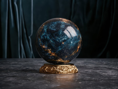 A crystal ball with a galaxy inside on a decorative stand.の素材