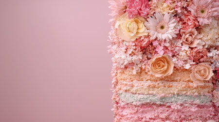 Elegant layered cake decorated with fresh flowers.の素材