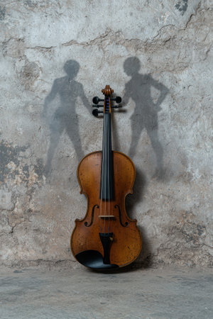 Violin leaning against a textured wall with shadows.の素材