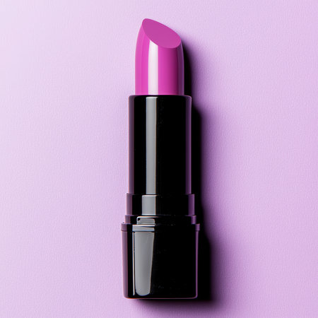 A vibrant pink lipstick on a lilac background.の素材
