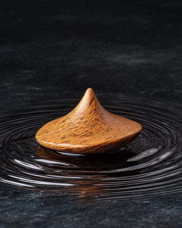 Wooden spinning top on a dark surface with water ripples.の素材