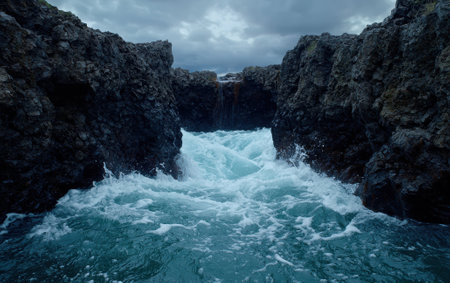 Ocean waves crashing between rocky cliffs on a stormy day.の素材
