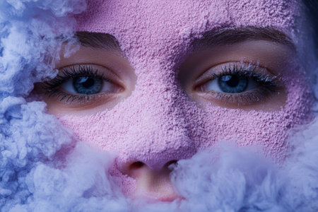 Close-up of a woman's face covered in pink powder with blue smoke.の素材