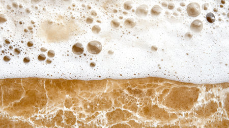 Close-up of beer with foam and bubbles.の素材