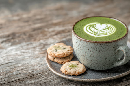 A cup of matcha latte with latte art and cookies on a wooden table.の素材