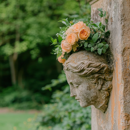 Stone sculpture with peach roses and greenery.の素材