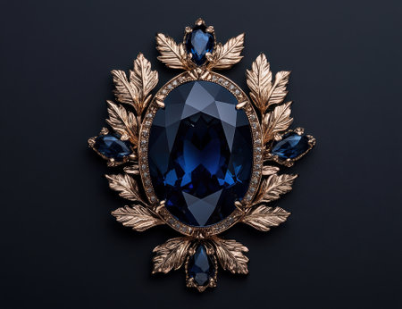 Elegant blue gemstone brooch with gold leaves.の素材