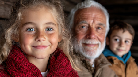 A young girl with her grandfather and brother smiling.の素材
