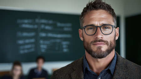 Portrait of a confident teacher in a classroom setting.の素材