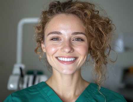 Smiling woman in green scrubs at a dental office.の素材
