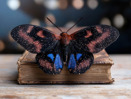 A beautiful moth resting on an old book.の素材