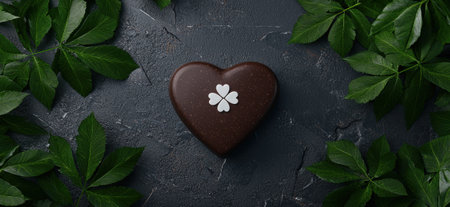Chocolate heart with clover on a dark background surrounded by green leaves.の素材