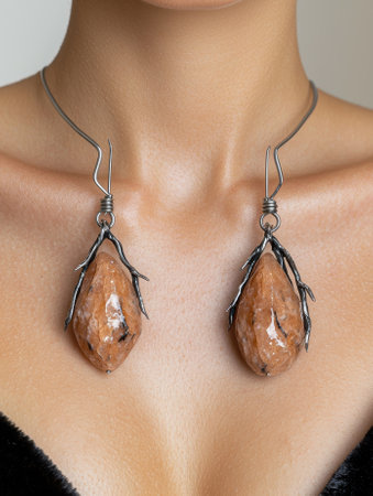 Necklace with orange gemstones on a woman's neck.の素材