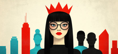 Illustration of a woman with a crown in front of a city skyline and other figures.の素材