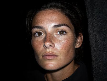 Close-up portrait of a woman with freckles.の素材