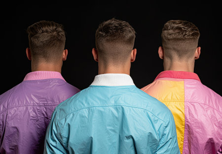 Three men stand side by side wearing colorful jackets.の素材