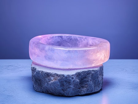A pink crystal bracelet rests on a stone block.の素材
