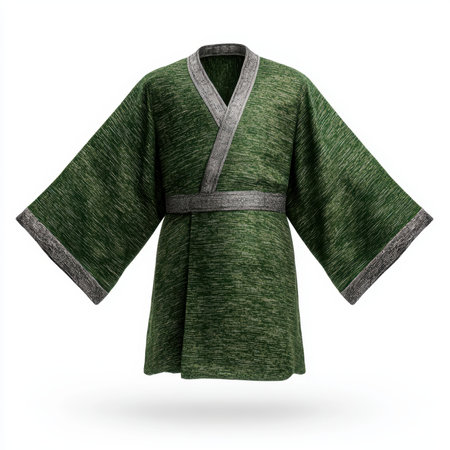 Green kimono robe with grey trim on a white background.の素材