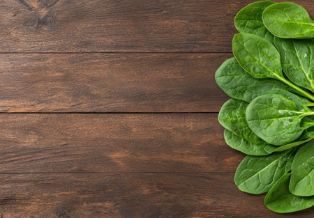 Fresh spinach leaves on a wooden background.の素材