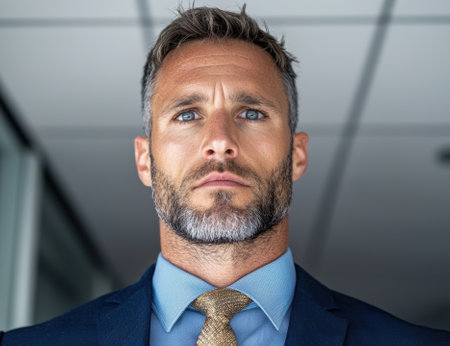 Portrait of a serious businessman in a suit.の素材