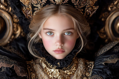 Portrait of a young girl wearing a golden crown and ornate dress.の素材