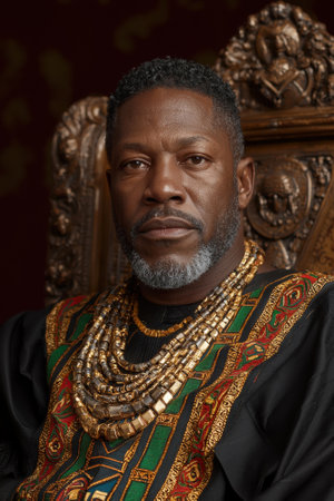 Portrait of a mature man wearing traditional clothing and gold necklaces.の素材