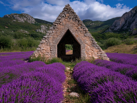 Lavender field with stone structure in the countryside.の素材