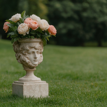 A stone vase with a face filled with roses sits on a lawn.の素材