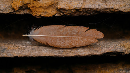 Brown feather resting between two stone ledges.の素材