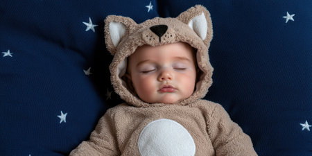 A baby sleeping peacefully in a bear costume on a star patterned blanket.の素材
