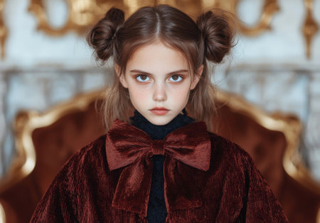 Portrait of a girl with brown hair in space buns wearing a velvet bow.の素材