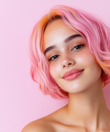 Portrait of a young woman with pink hair smiling.の素材