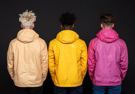 Three people wearing colorful hooded jackets stand against a dark background.の素材