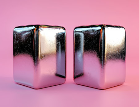 Two shiny silver cubes on a pink background.の素材